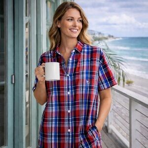 Polo Ralph Lauren Women’s Plaid Size Medium Cotton Sleep Shirt Night Bed